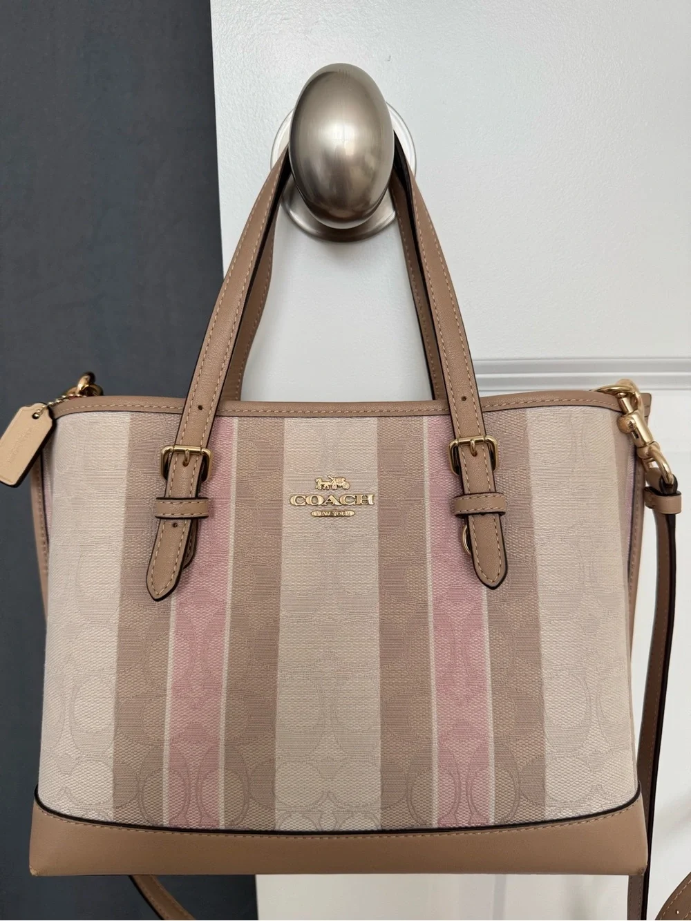 COACH Heritage Signature Horse Stripe Tote Pink & Beige